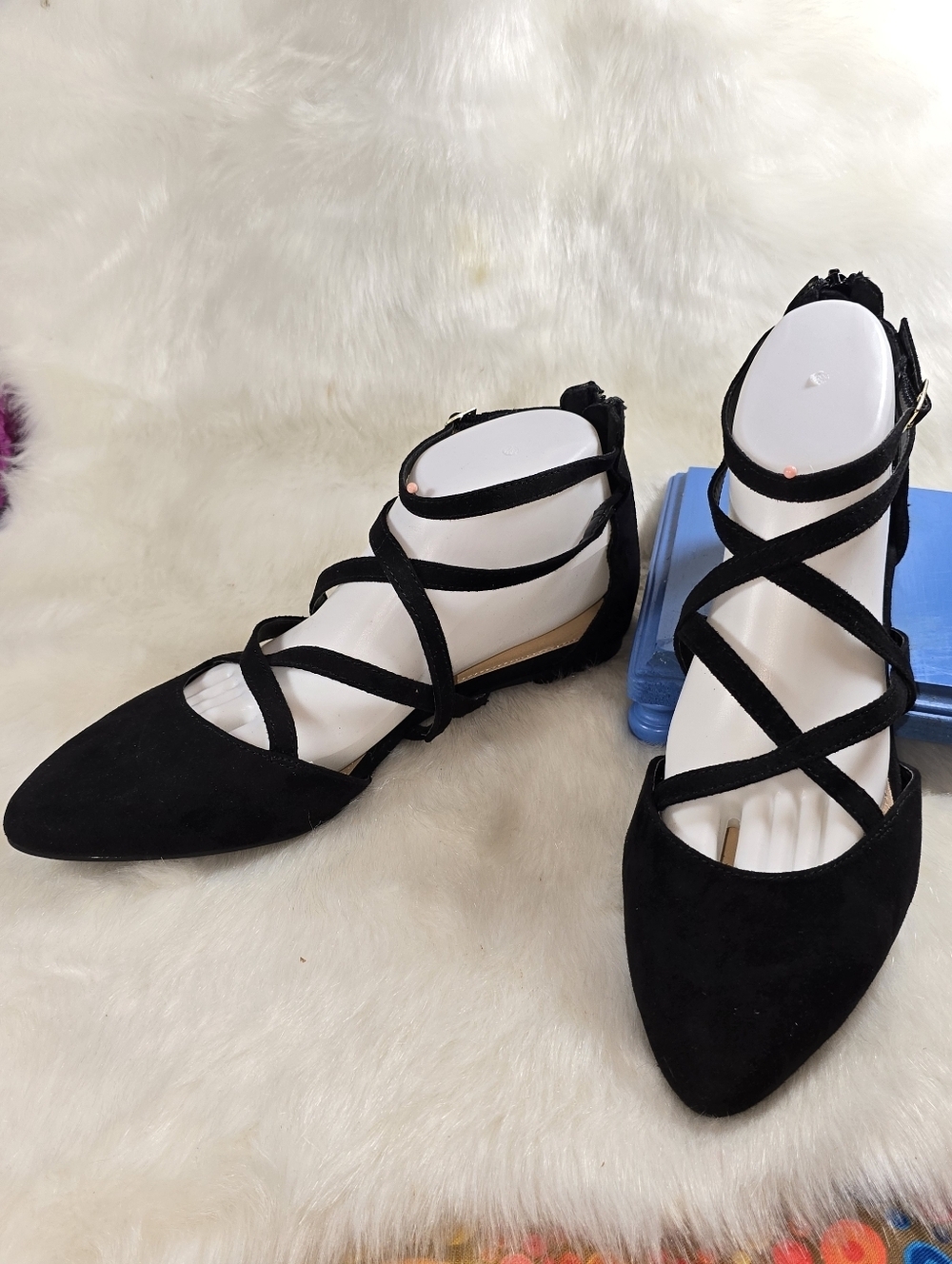 Lauren Conrad Glow Suede-look Black Pointed Toe Women's Strappy Flats